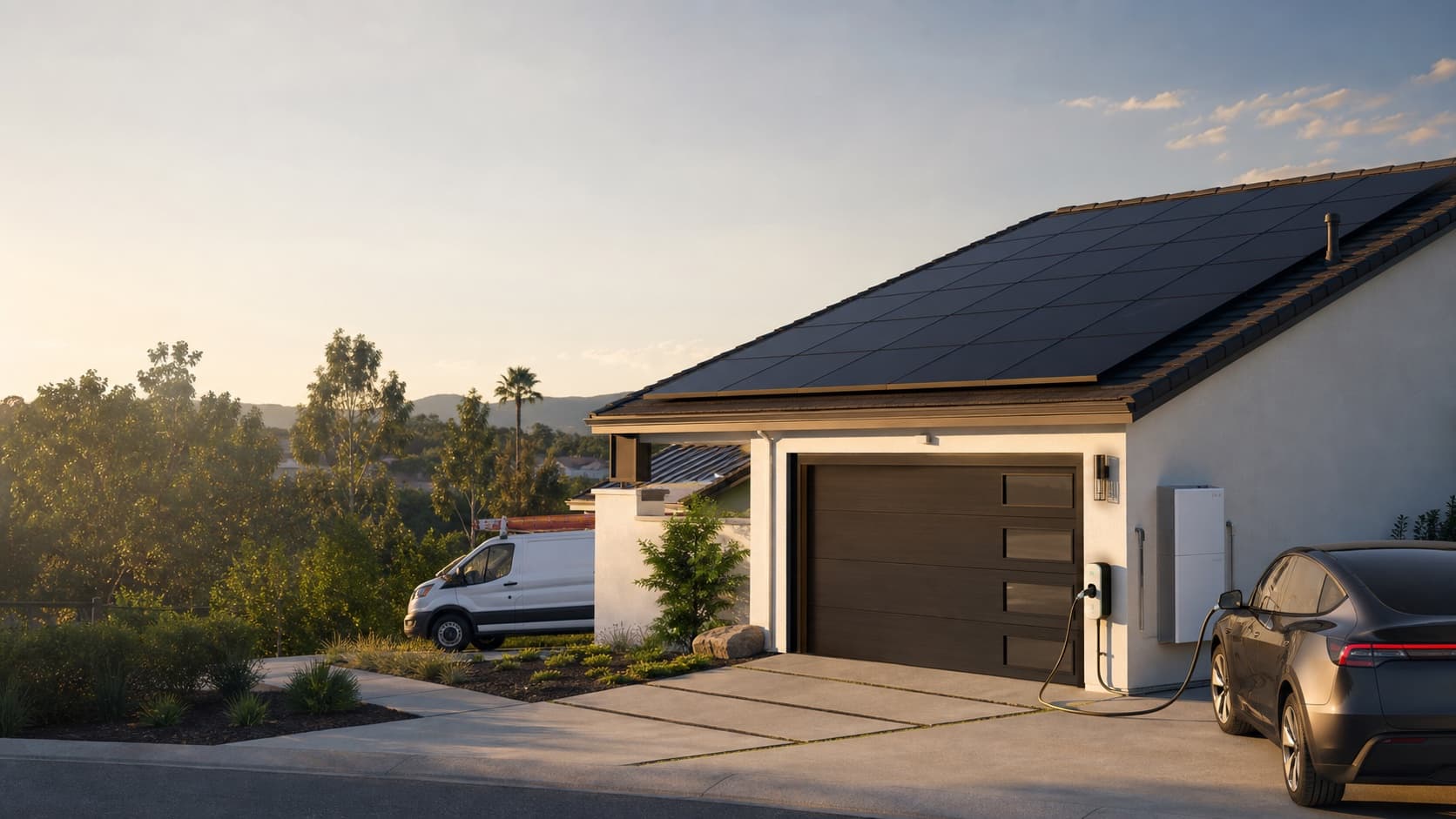 A solar service home with rooftop solar, battery, EV charger, and contractor operations signals.